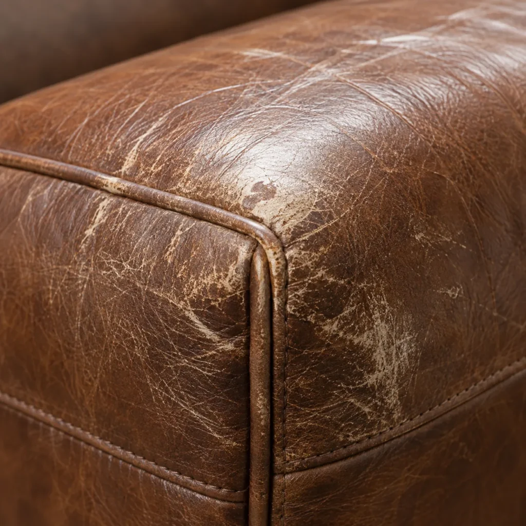 Brown leather bench top with creases and a scuff