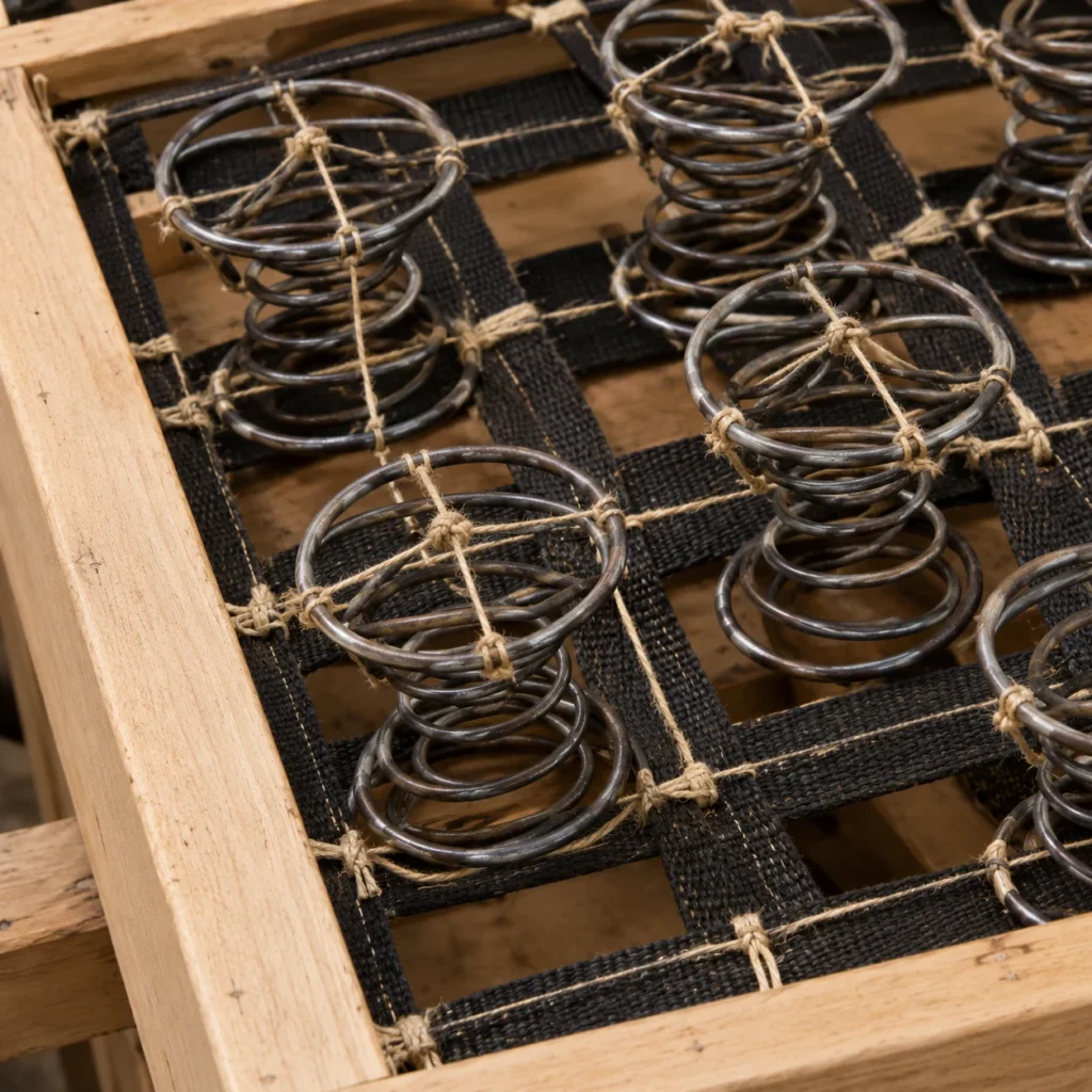 Webbing and springs on an upholstered bench