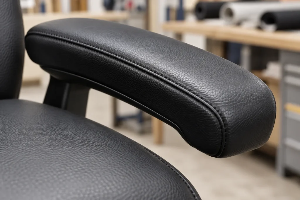 Office chair close-up: recovered arm pad
