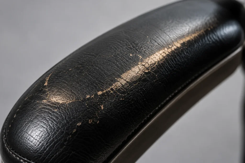 Office chair close-up: worn-through arms