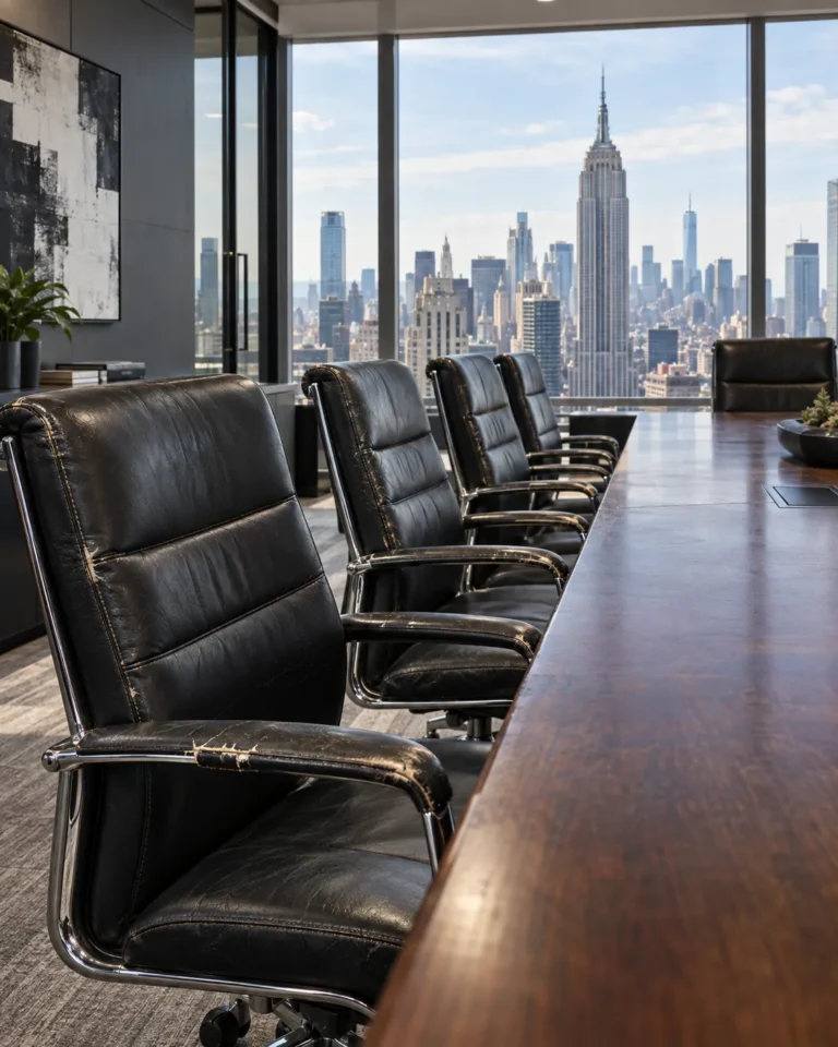 Black leather chairs lined up in a boardroom