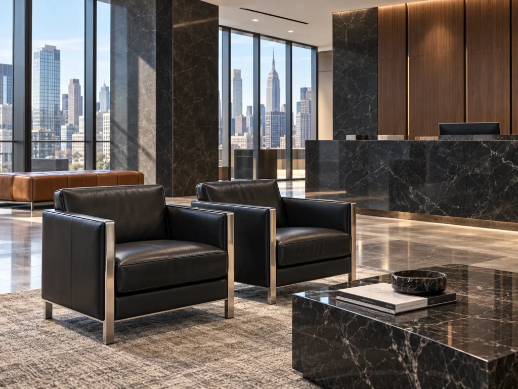 Black leather chairs in an office waiting area