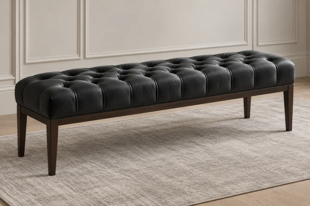 Long black leather bench with button tufting on wood legs