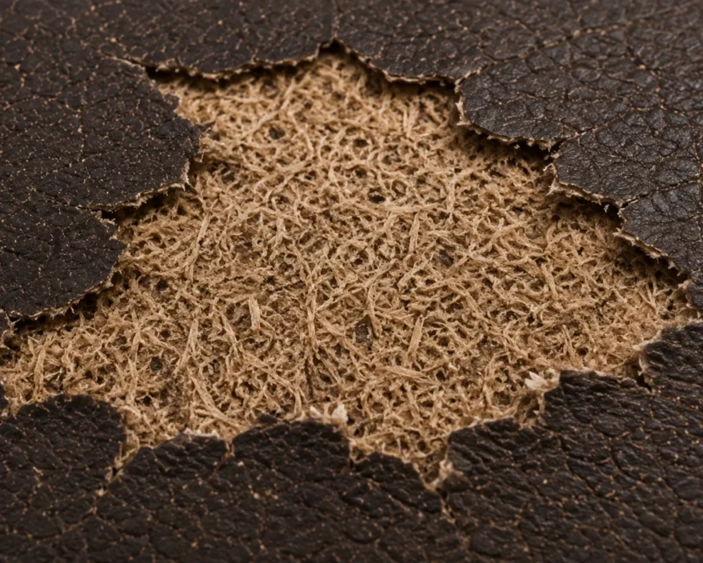 Bonded leather peeling away from its fabric backing