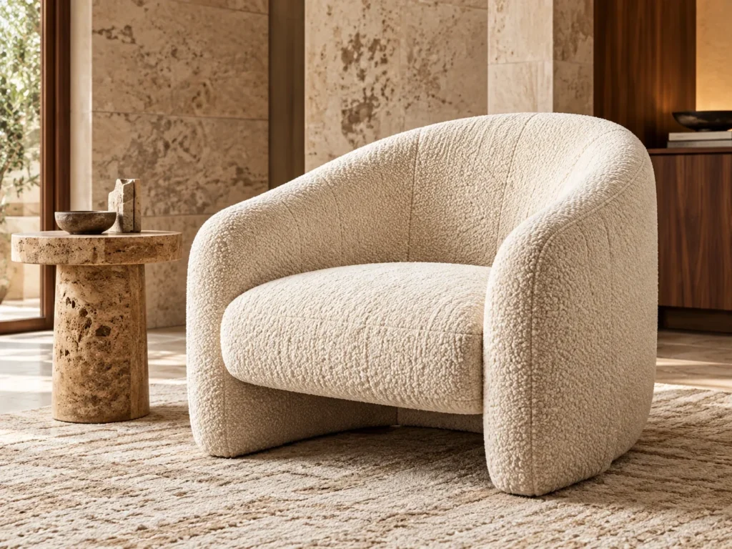 Boucle fabric armchair reupholstered