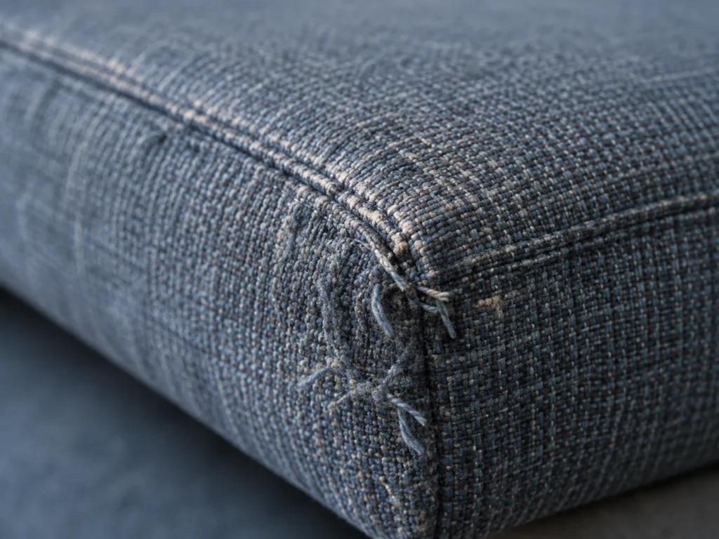 Frayed threads on the front corner of a waiting room seat