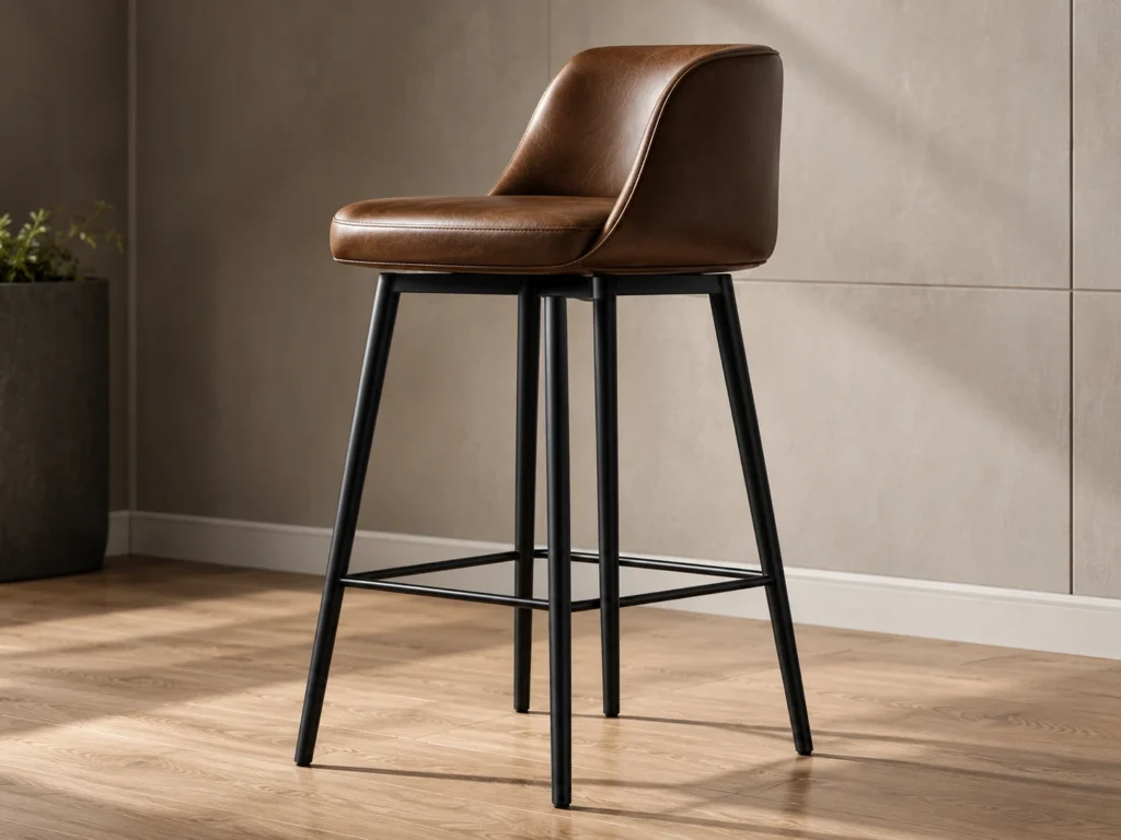 Brown leather bar stool with a curved back