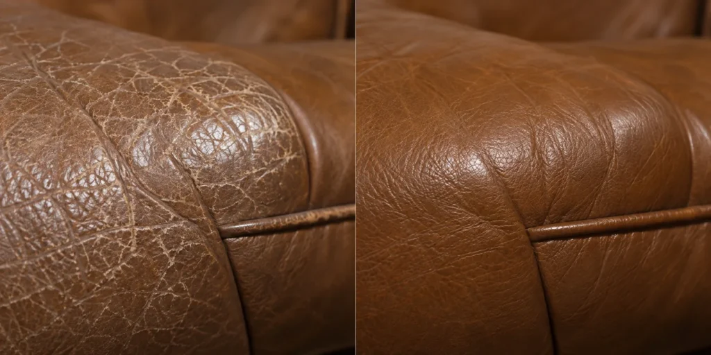 Brown leather seat before and after crack repair