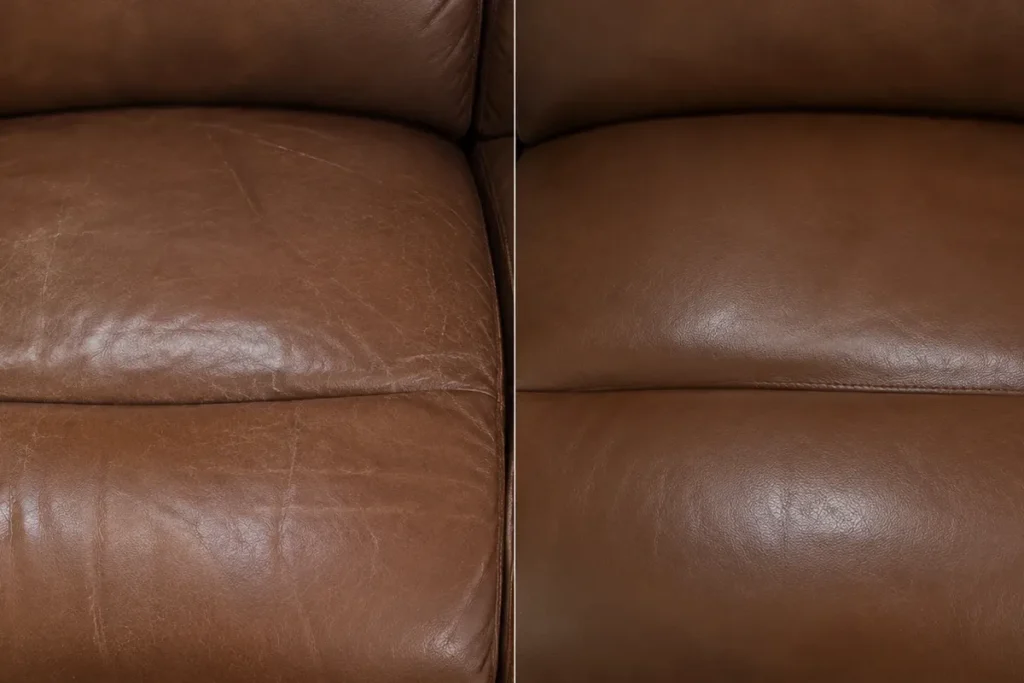 Brown leather loveseat seat, repaired, shown before and after