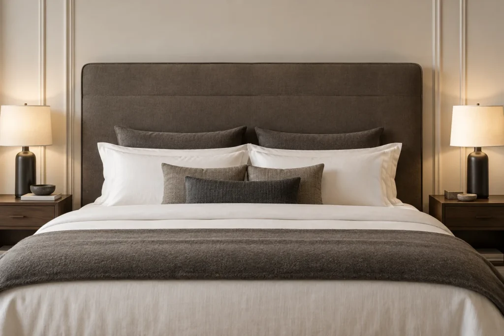 Stitched top band on a low headboard in brown leather