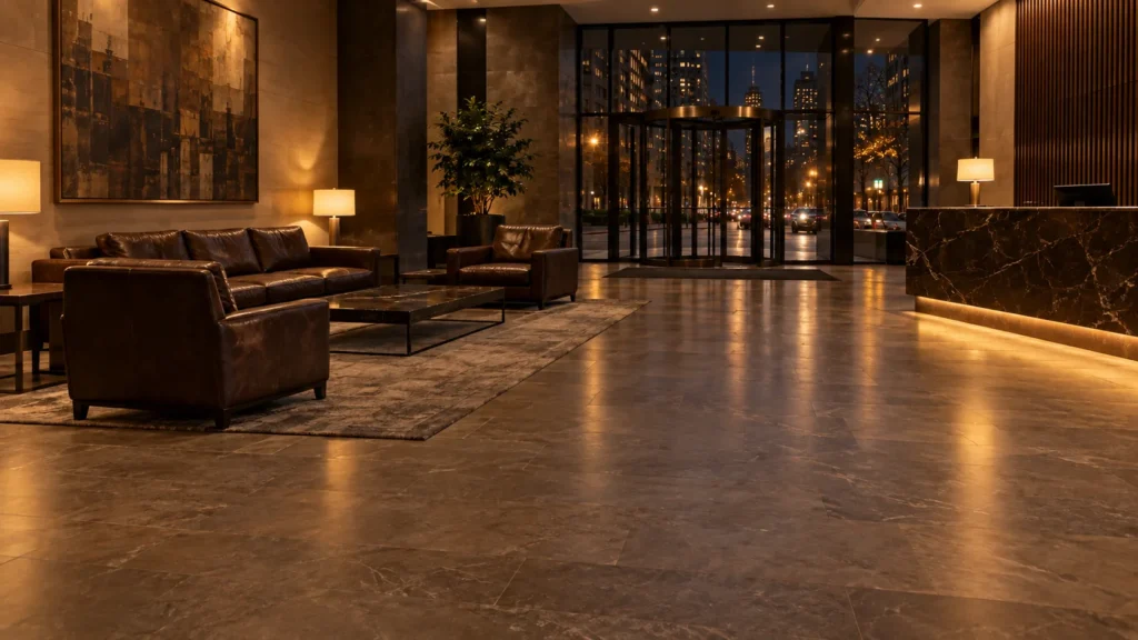 A building lobby with furniture ready at night