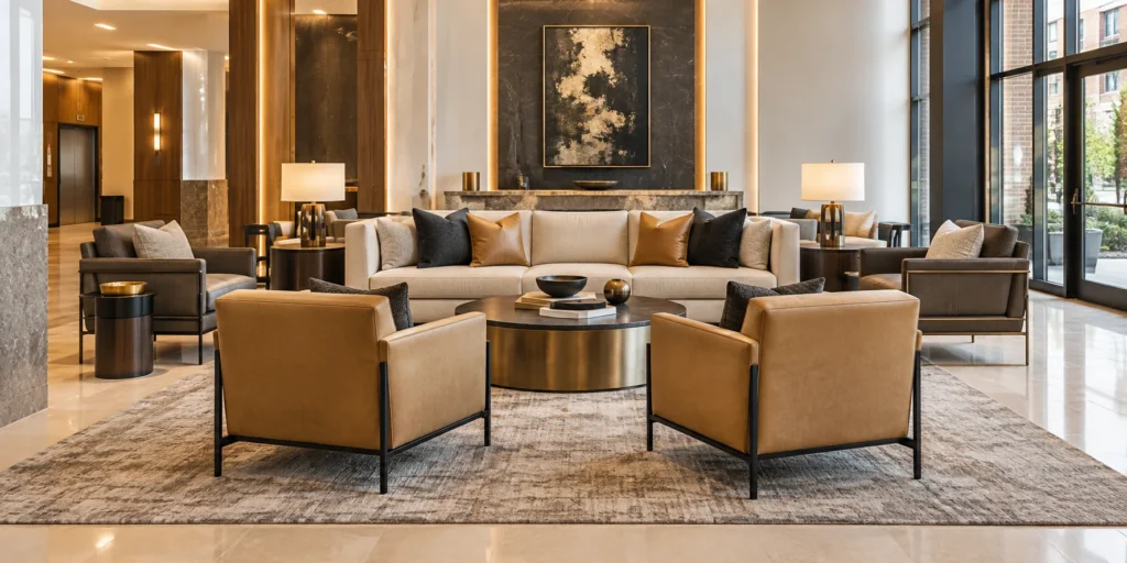 A hotel lobby with a full run of furniture