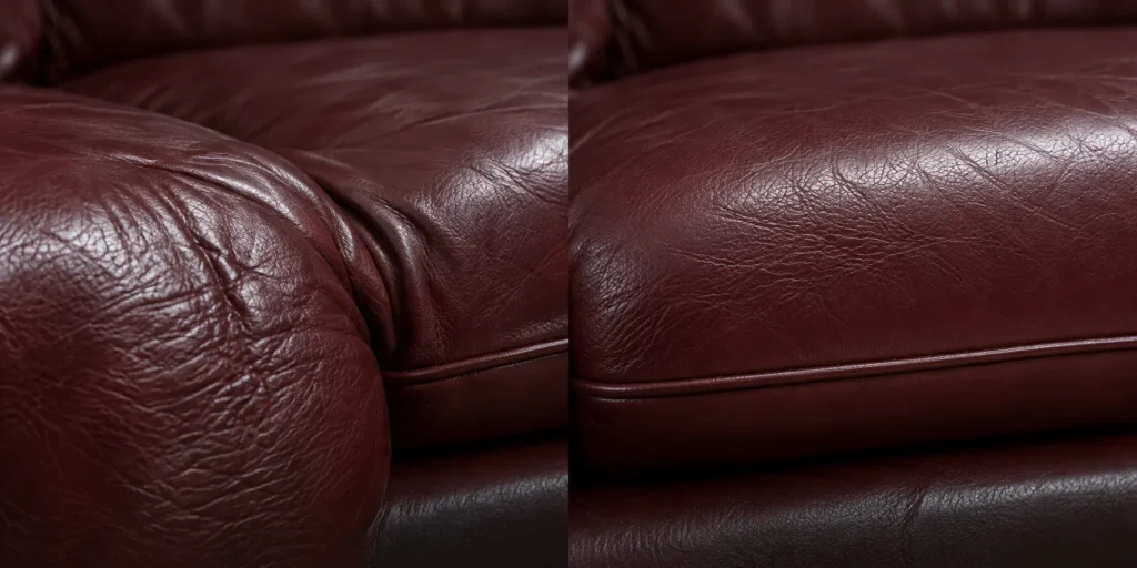 Burgundy leather cushion before and after restoration