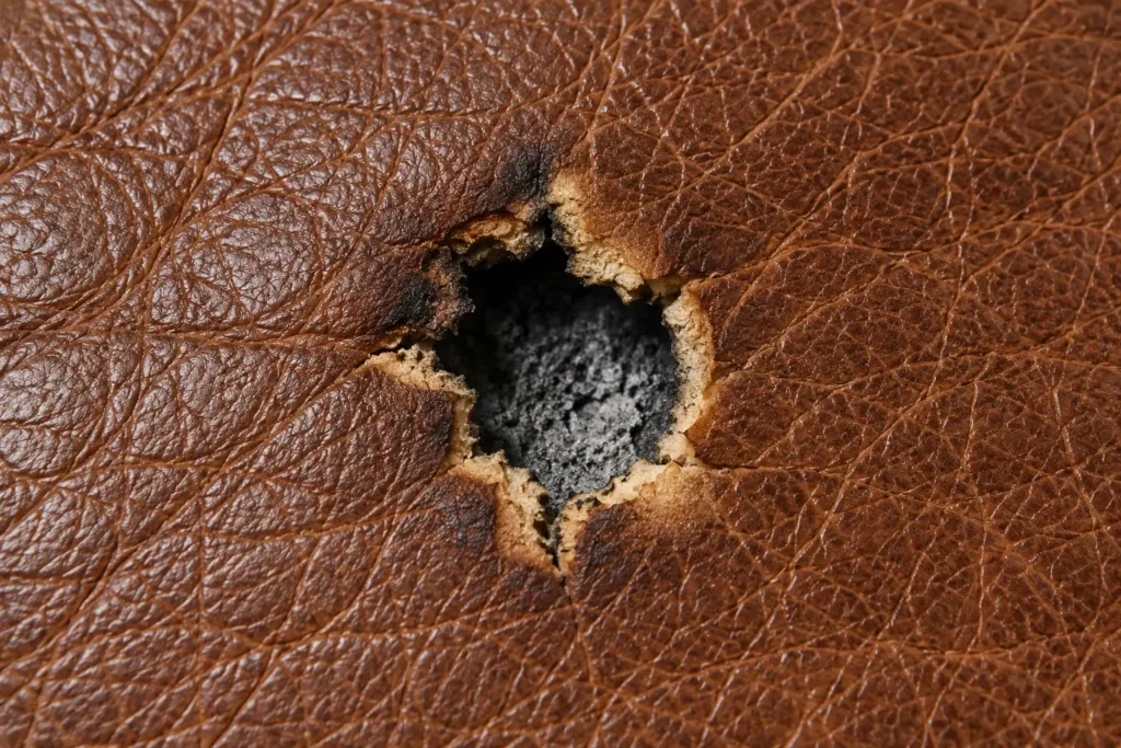 Charred hole on leather