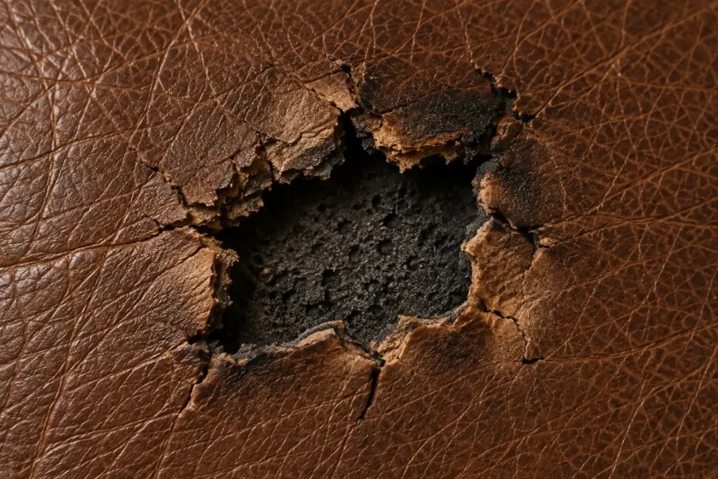 Severe burn on leather