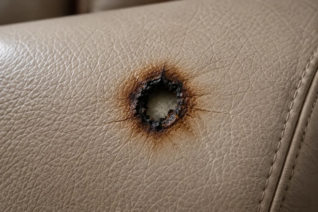 Burned through hole in leather