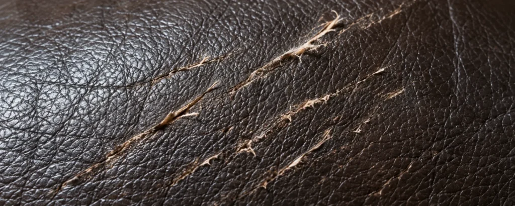 Raised fibers from cat claws on leather