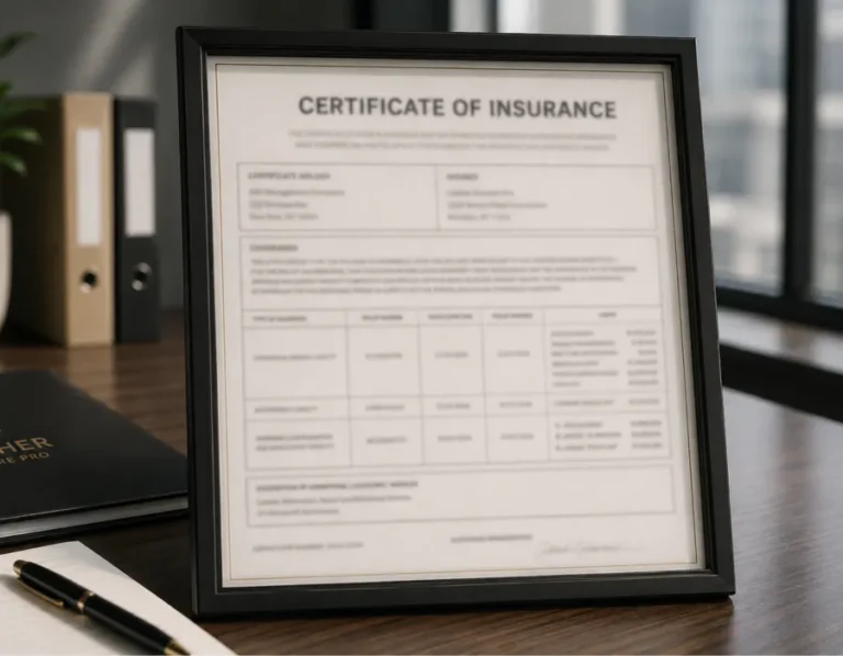 A certificate of insurance for commercial furniture work