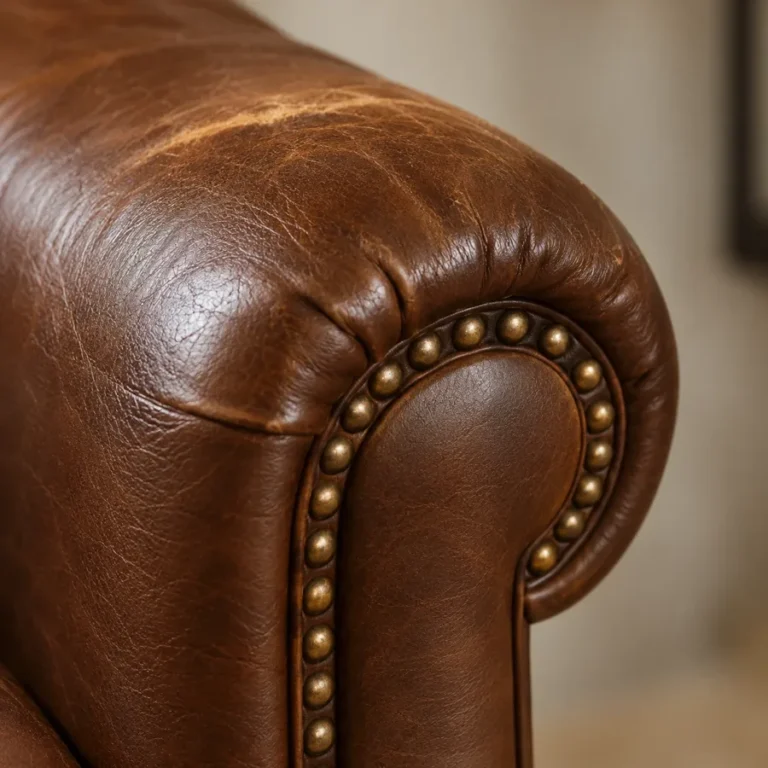 Close-up of a leather chair: piping on the arms