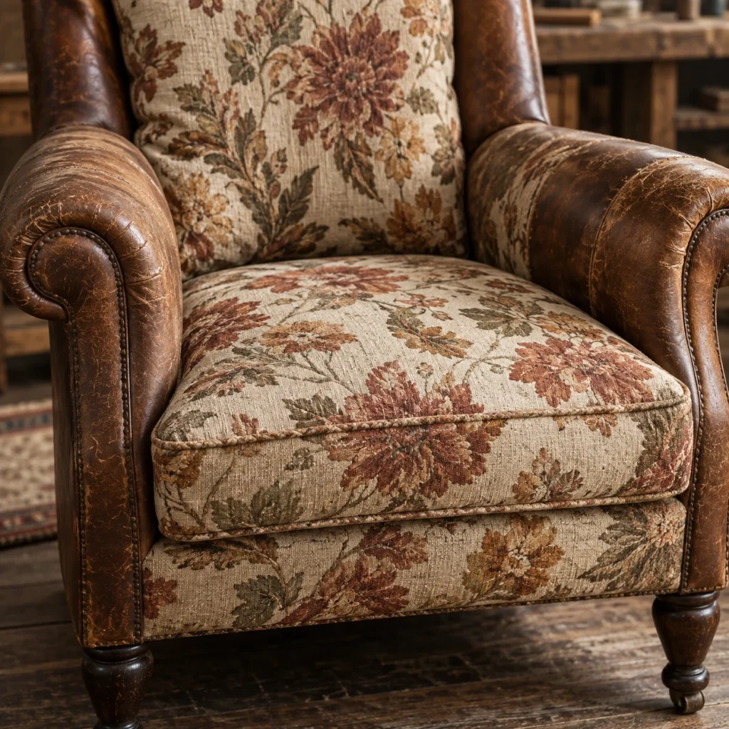 Leather club chair with faded floral seat and back cushions