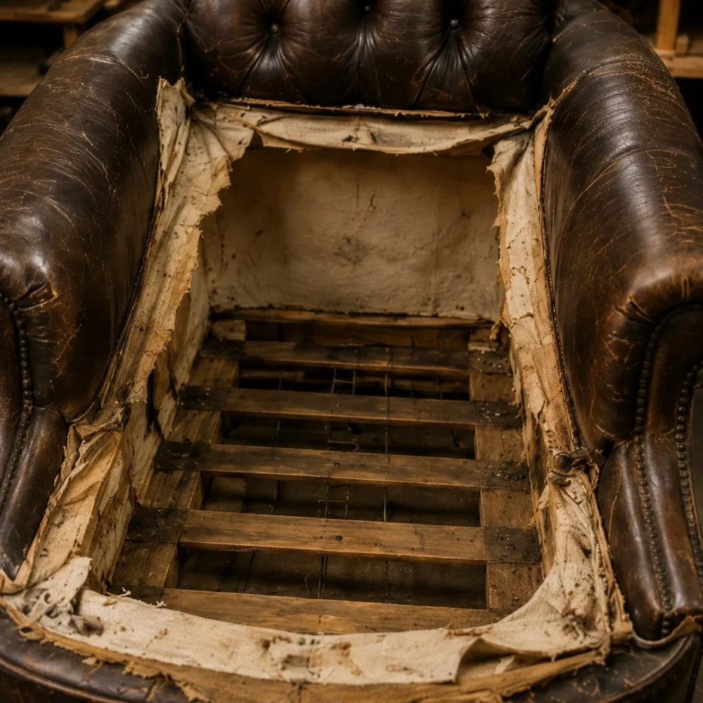 Inside a leather chair during reupholstery: down to bare wood