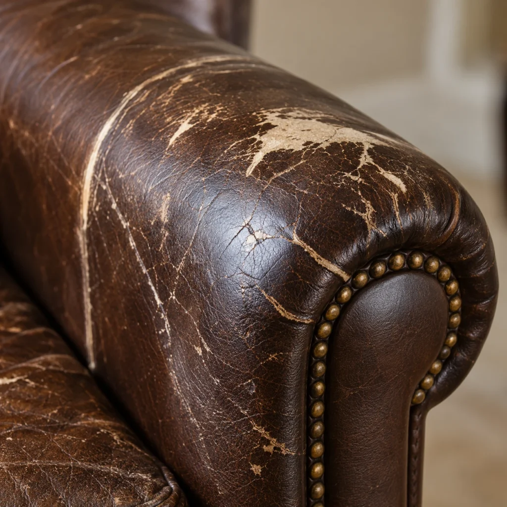 Leather chair ready for new upholstery: arm fronts rubbed bare