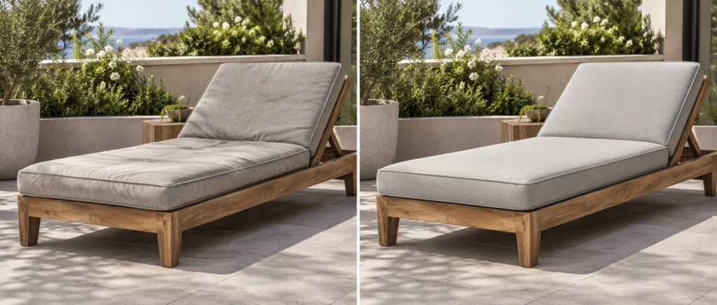 A teak chaise lounge before and after, a thin cushion replaced