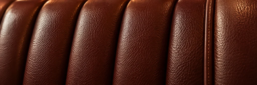 A close view of a channeled brown leather booth back
