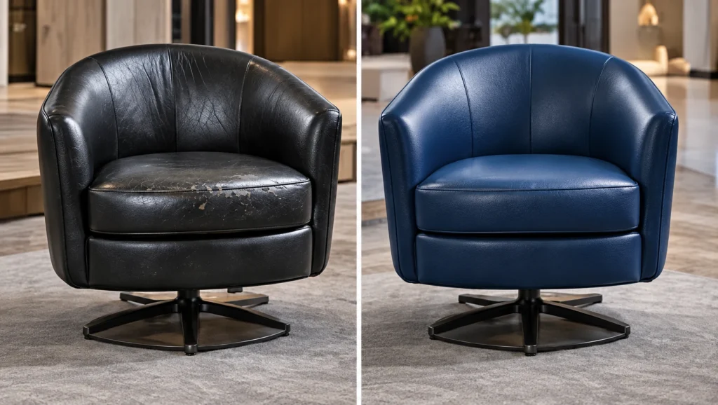 Cracked black leather swivel chair before and after, recovered in navy