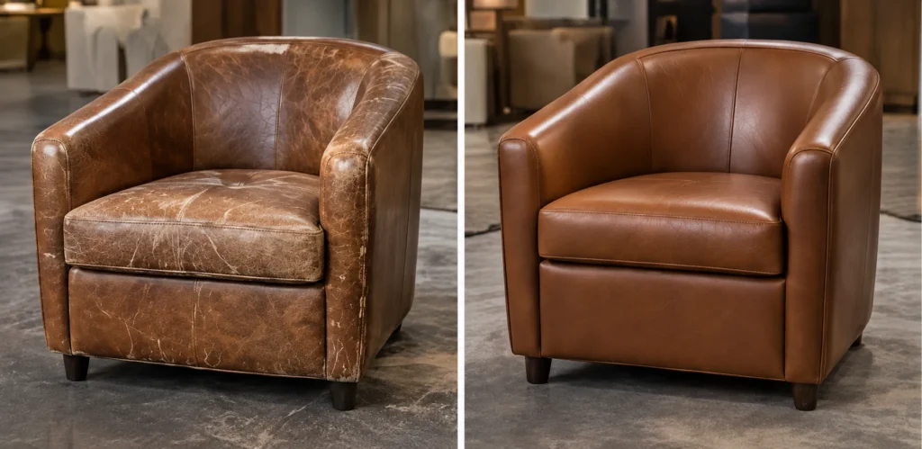 Cracked brown leather tub chair before and after, recovered in tan