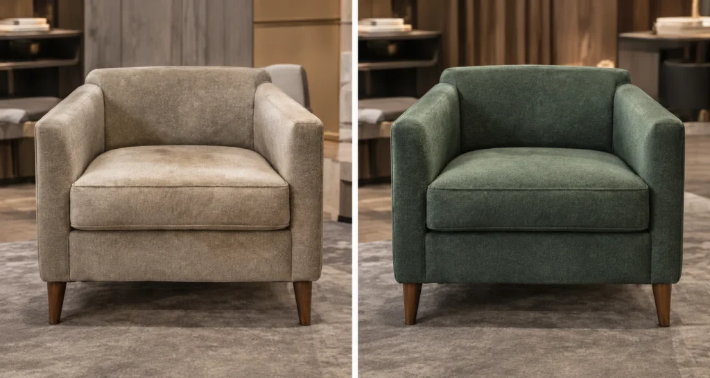 Taupe club chair before and after, recovered in green