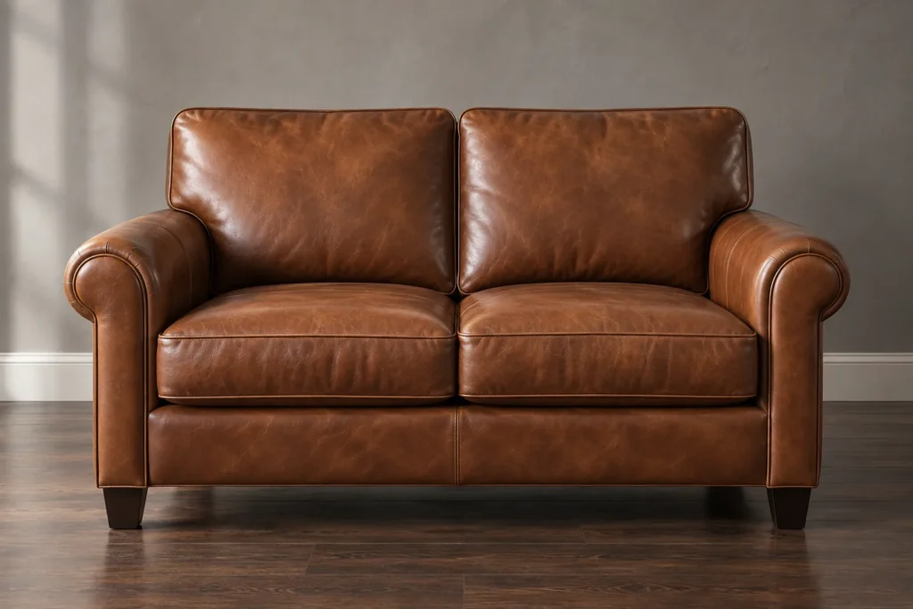 Rolled arms style leather loveseat