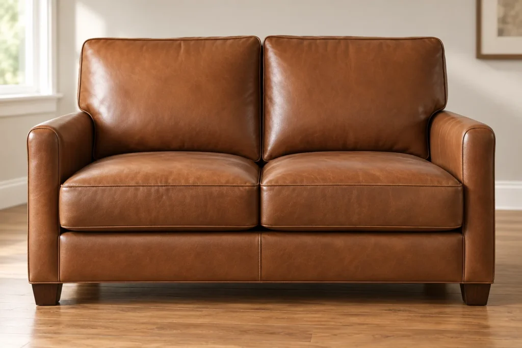 Cognac leather loveseat with track arms and two seat cushions