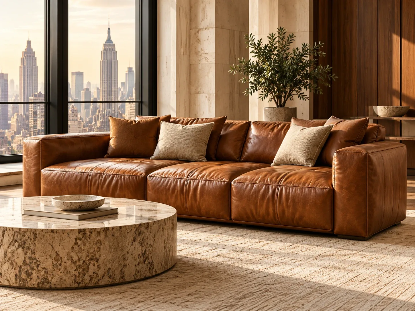 Cognac leather sofa with cream pillows in a living room