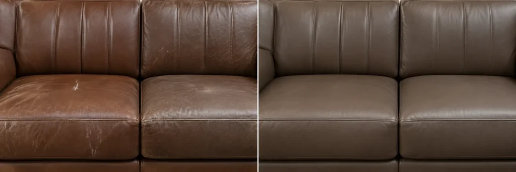 Brown leather sofa before and after color restoration