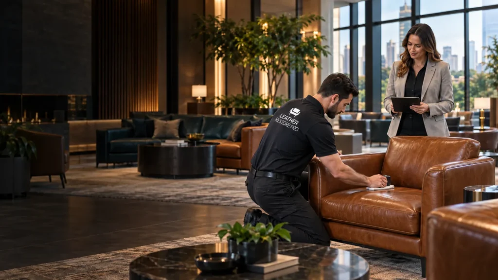 Maintenance being carried out on hotel lobby leather furniture