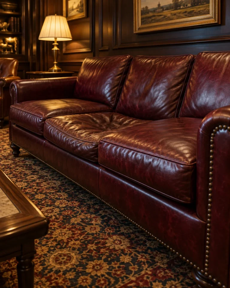 Oxblood leather sofa whose end seat is far more worn than the others