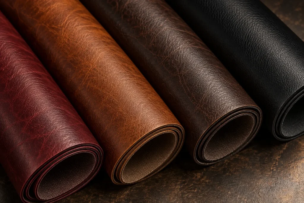 Commercial vinyl rolls in oxblood, tan and black