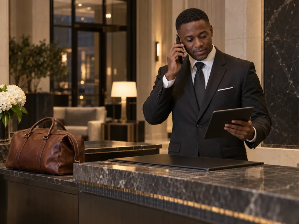 A concierge making a repair request by phone