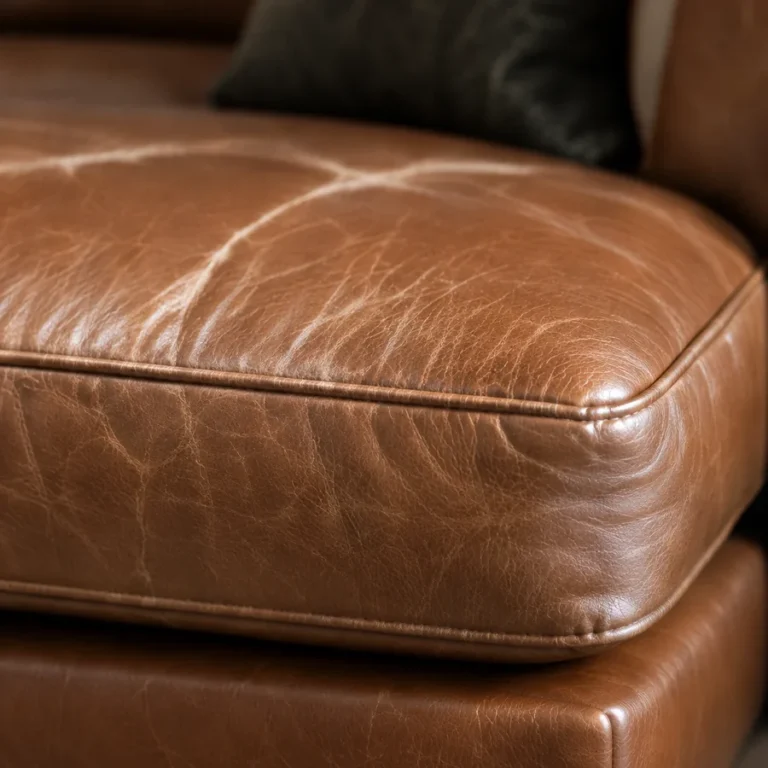 Light surface scratches on a cognac leather couch cushion