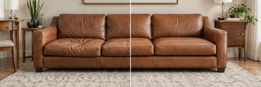 Sagging tan sofa cushions before and after new foam