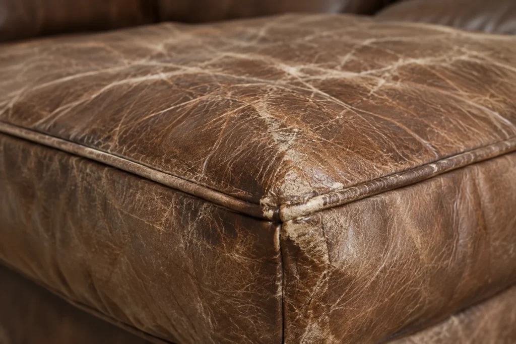 Brown leather ottoman top with a cracked, rubbed-through finish