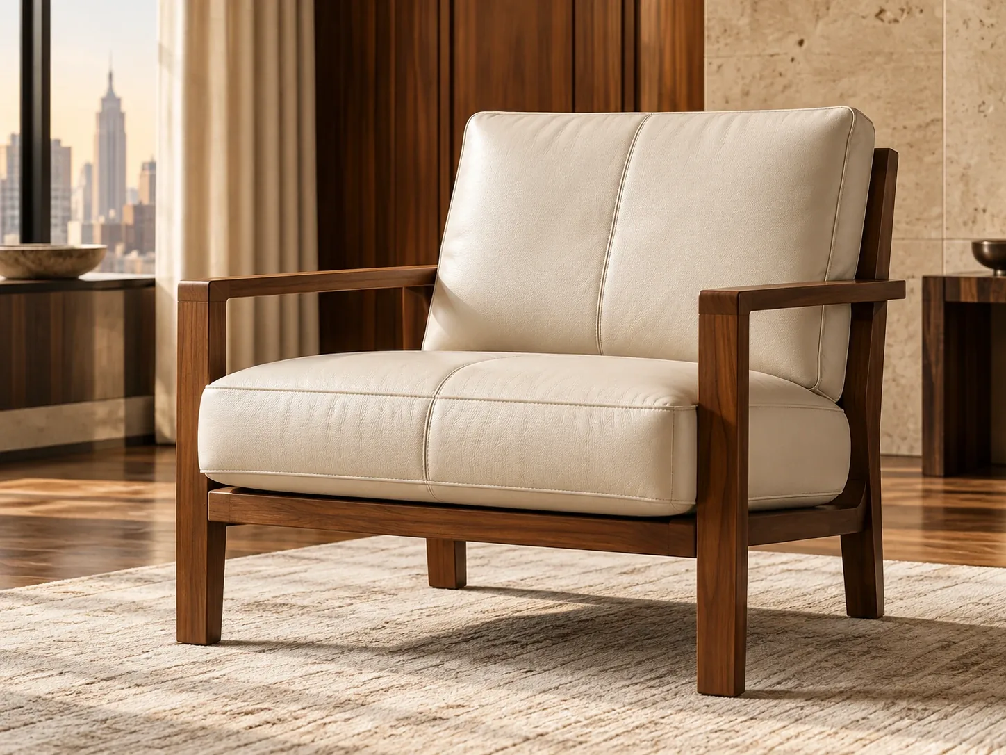 Cream leather armchair with a wooden frame