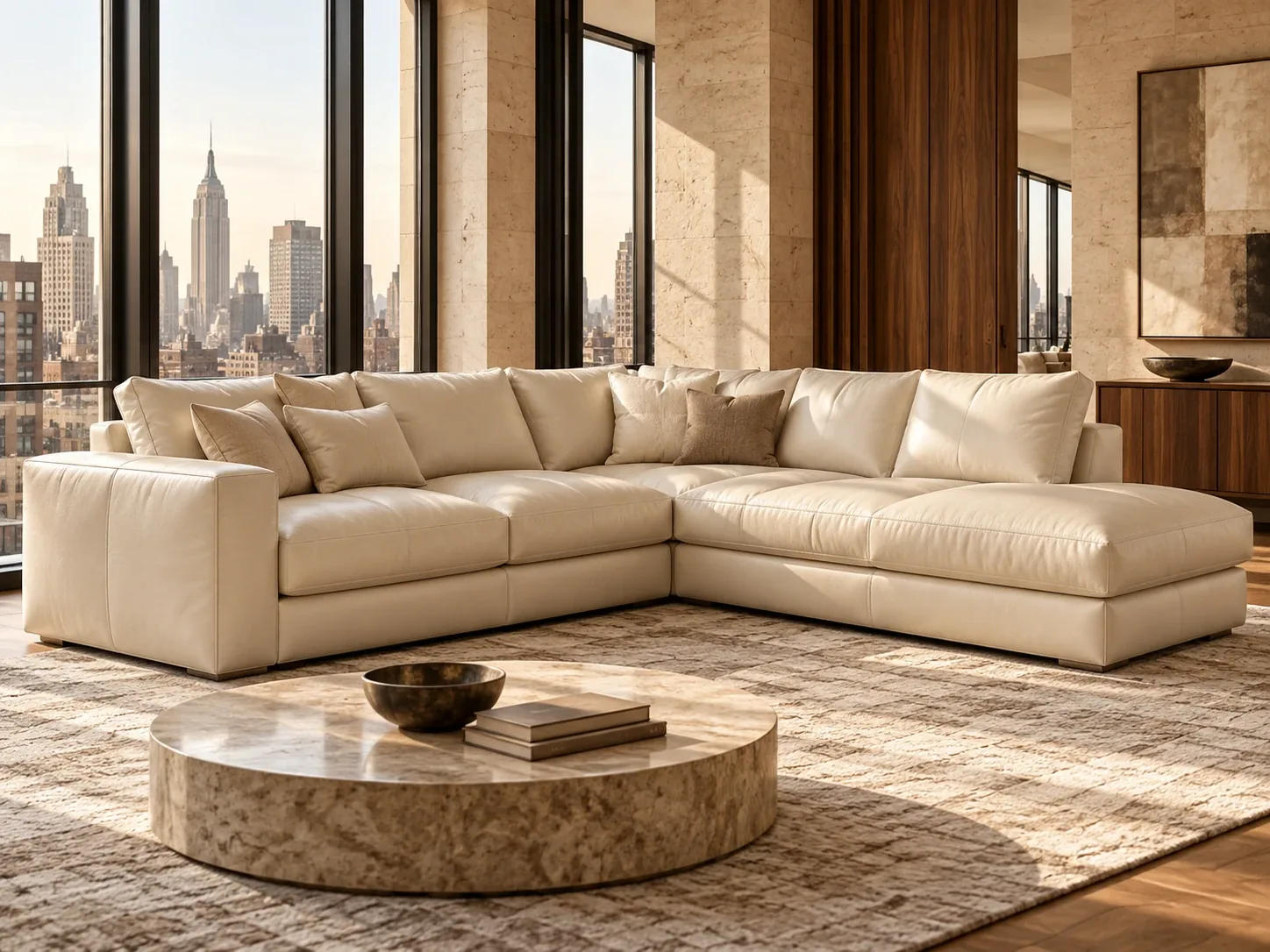 Low cream leather sectional sofa in a living room