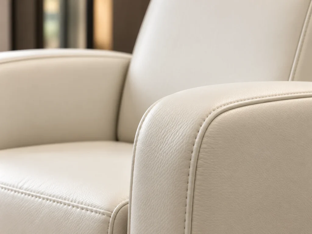 A seam on a cream vinyl arm and seat