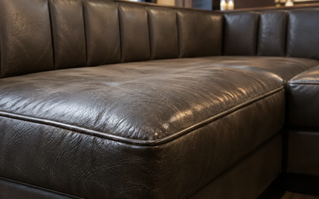 Dark leather booth seat with deep creases and worn finish