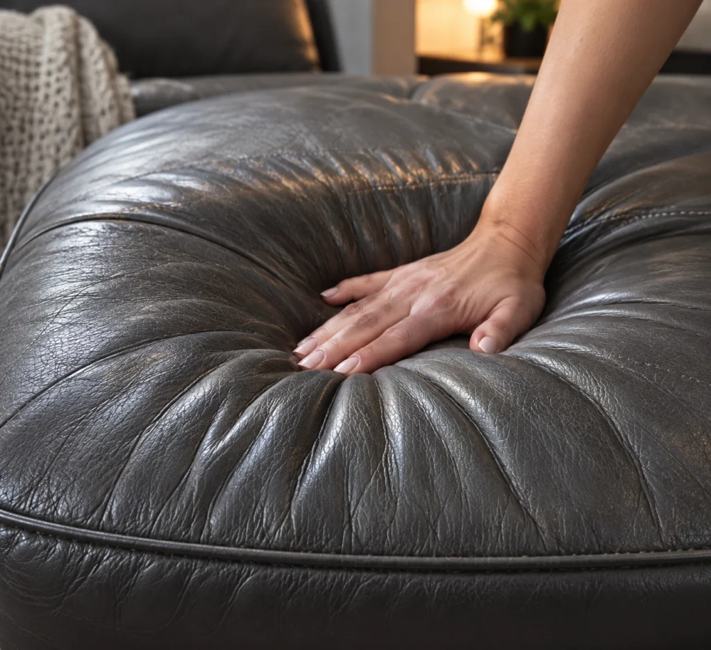 Hand pressing a firm leather seat cushion
