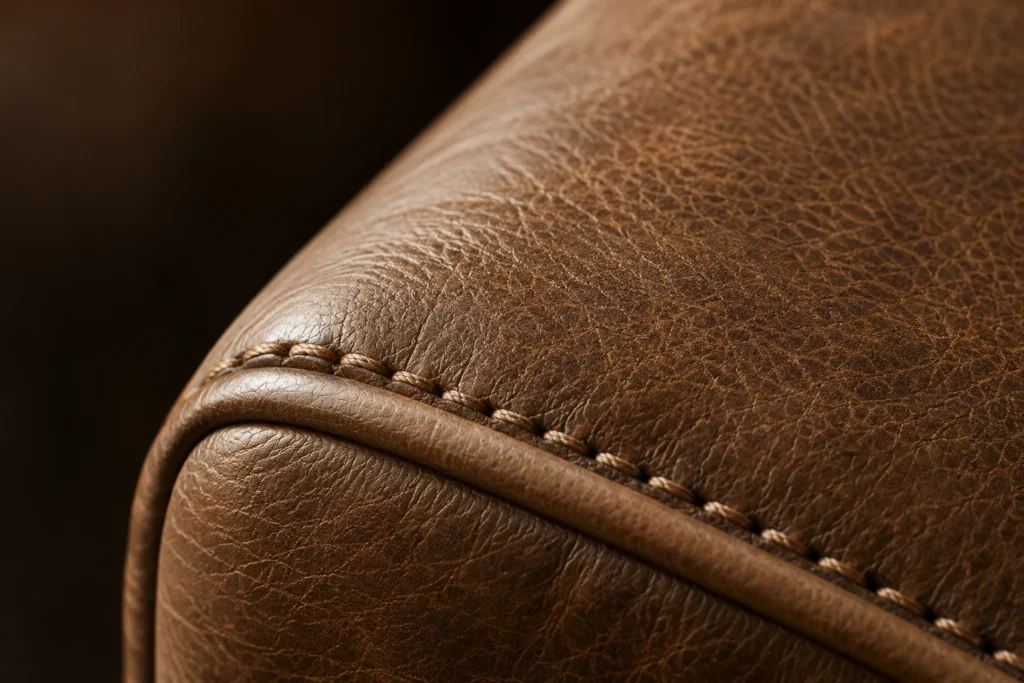 Custom upholstery finish: hand saddle stitching