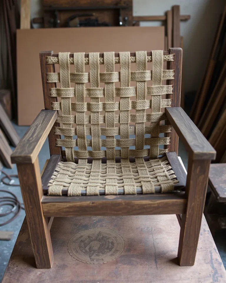 Bare hardwood sofa frame fitted with woven webbing