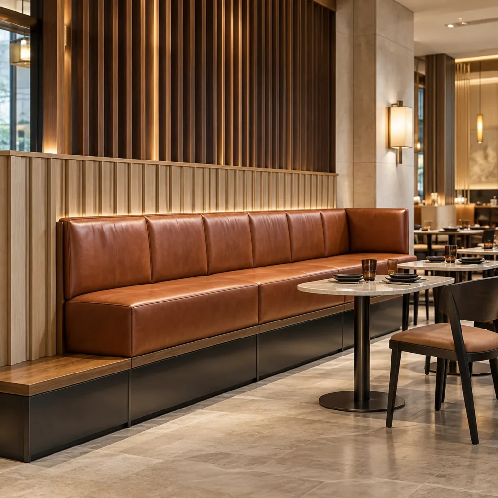 A custom leather banquette bench